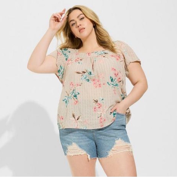 torrid Tops - Torrid Clip Jacquard Square Neck Flutter Sleeve Top Tan Size 2X
